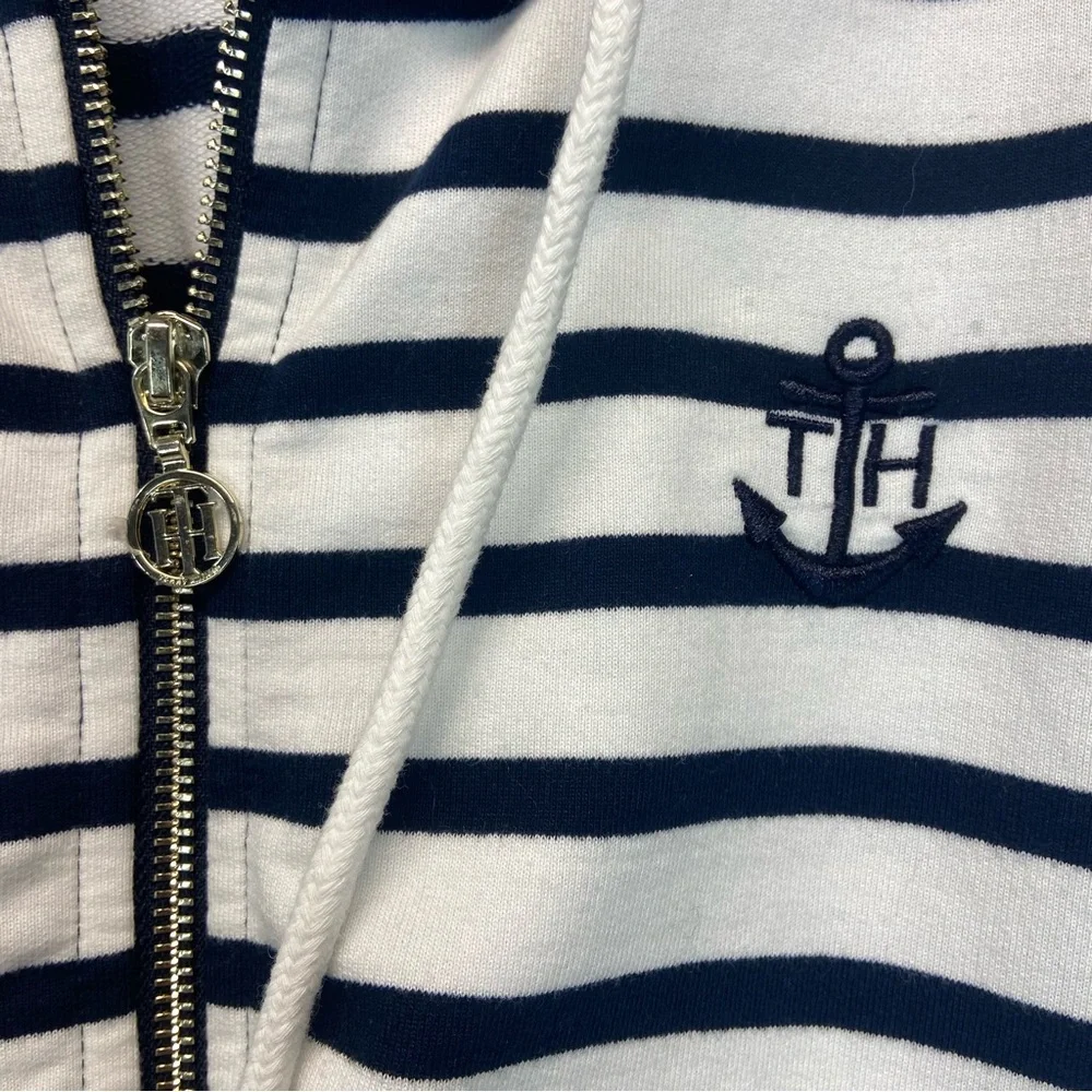 Tommy Hilfiger Nautical White Navy Stripped Zipper Front Hoddie - Picture 4 of 9